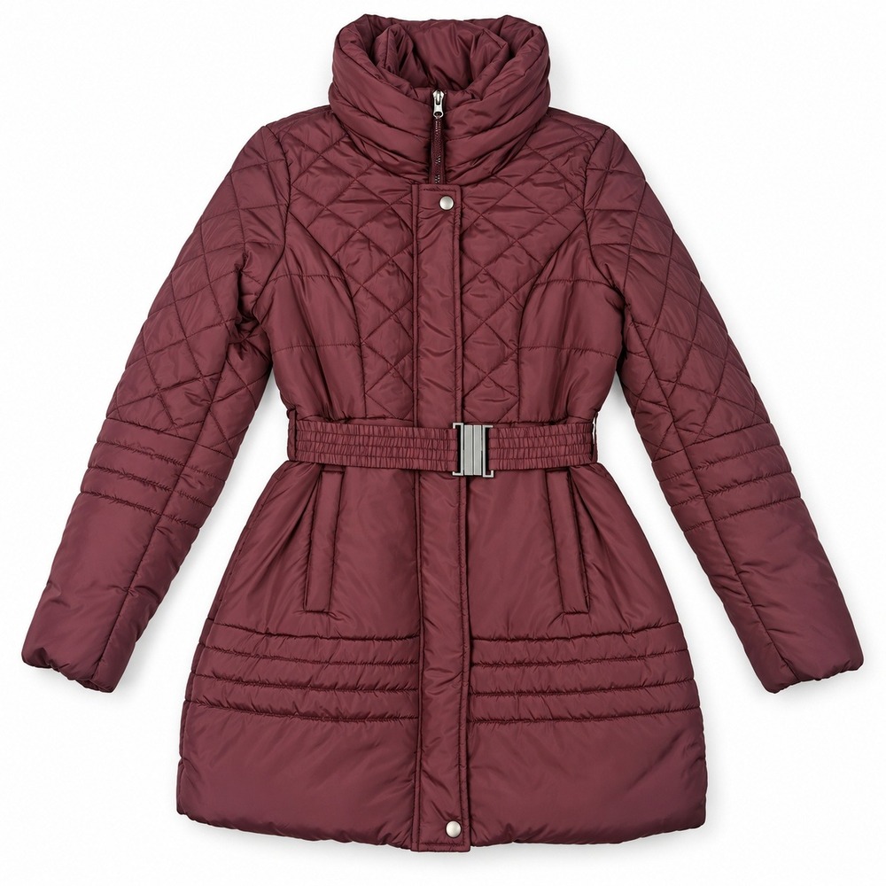 Vero Moda Quilted Puffer Jacket Women Size S Burgundy Belted Funnel Neck Coat